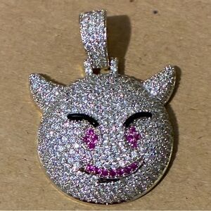 Cubic Zirconia gold plated Pavé Devil Emoji Pendant with Pink Accent Stones